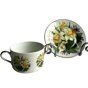 Hand Decorated Wildflowers Cream Soup Bowl & Saucer Set by Brother Harold Andrew